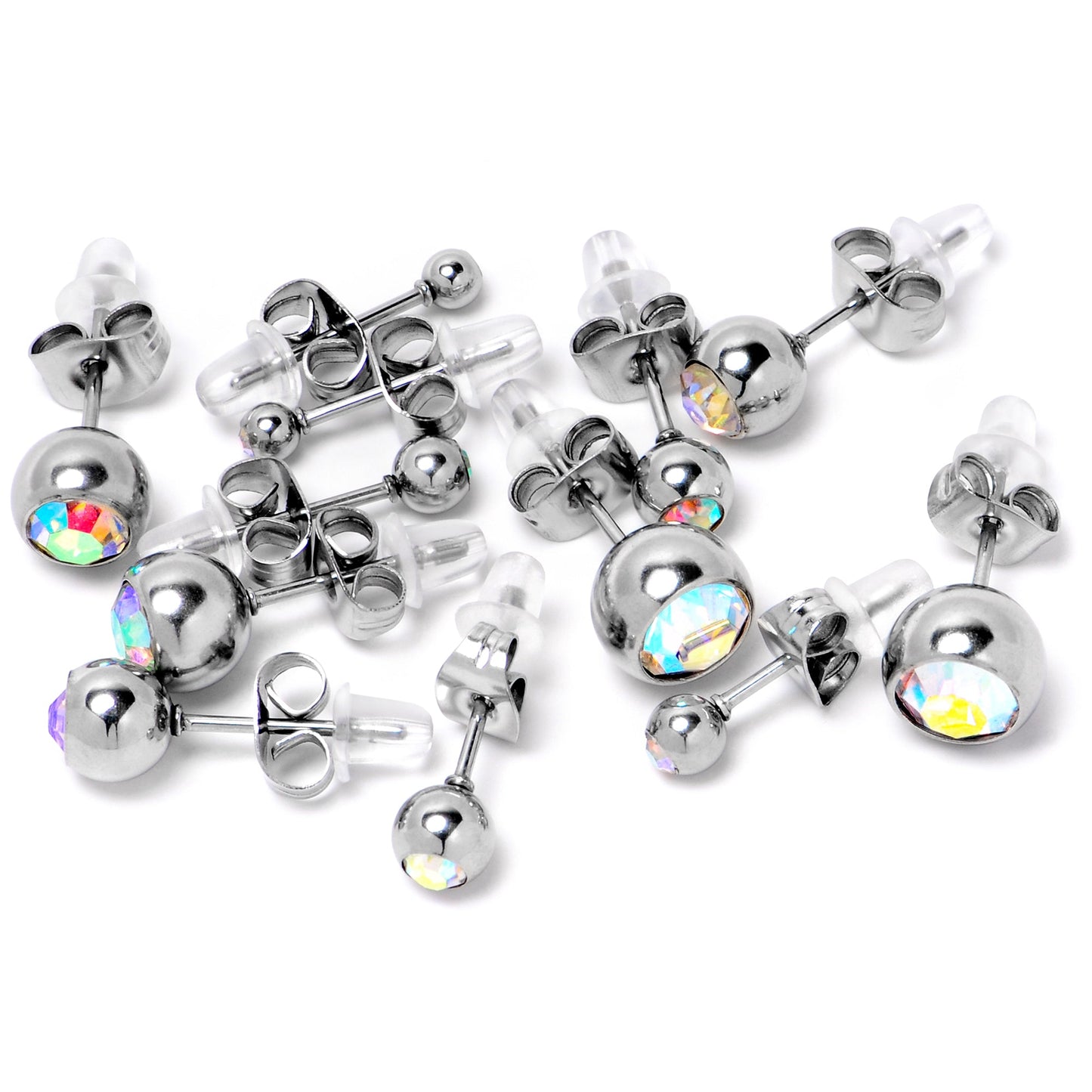 Aurora Gem 3mm to 8mm Ball End Stud Earrings Set of 6