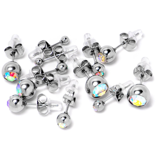 Aurora Gem 3mm to 8mm Ball End Stud Earrings Set of 6