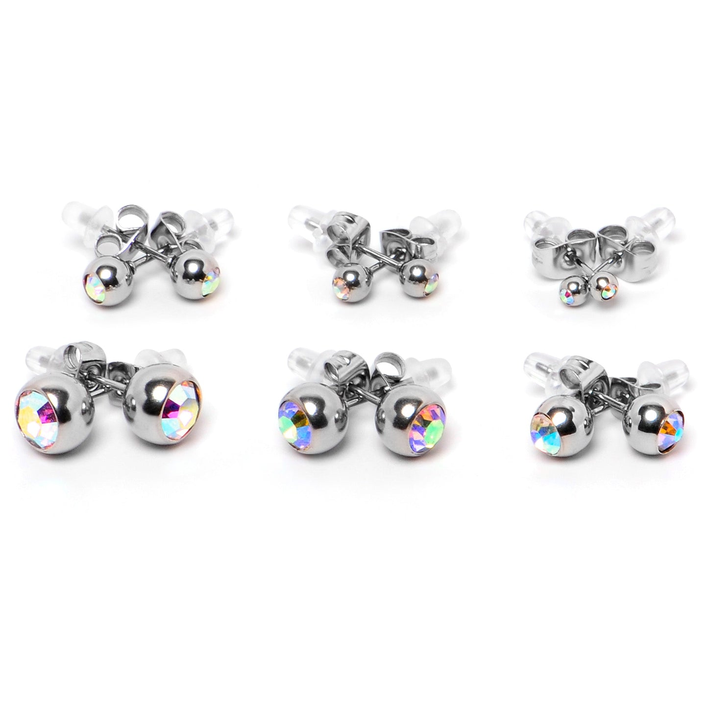 Aurora Gem 3mm to 8mm Ball End Stud Earrings Set of 6