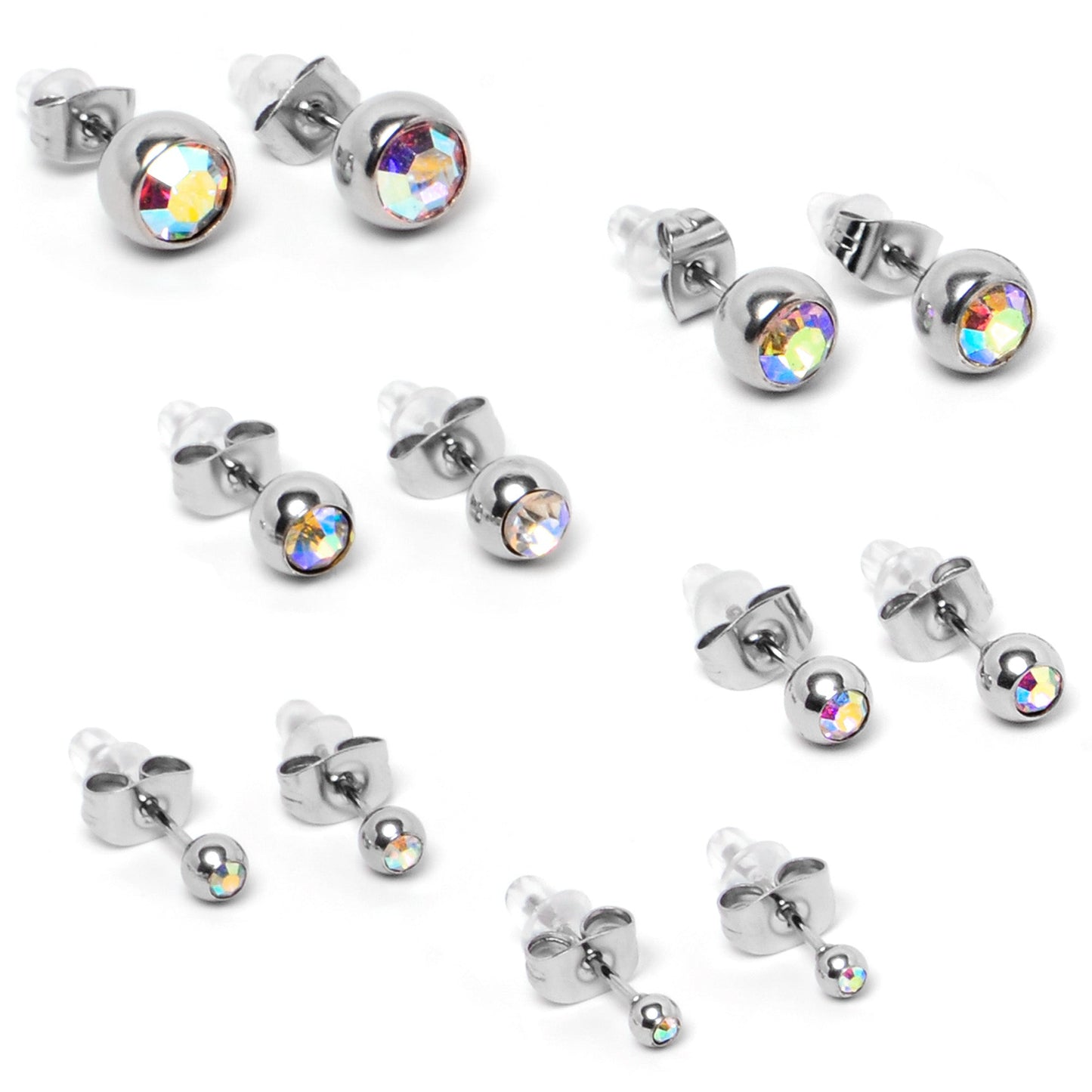 Aurora Gem 3mm to 8mm Ball End Stud Earrings Set of 6