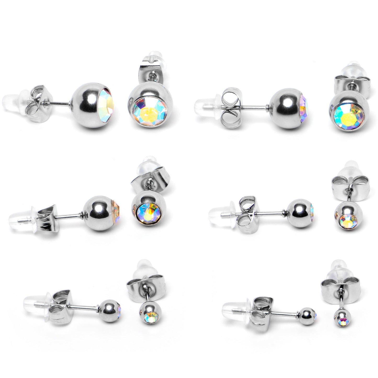 Aurora Gem 3mm to 8mm Ball End Stud Earrings Set of 6