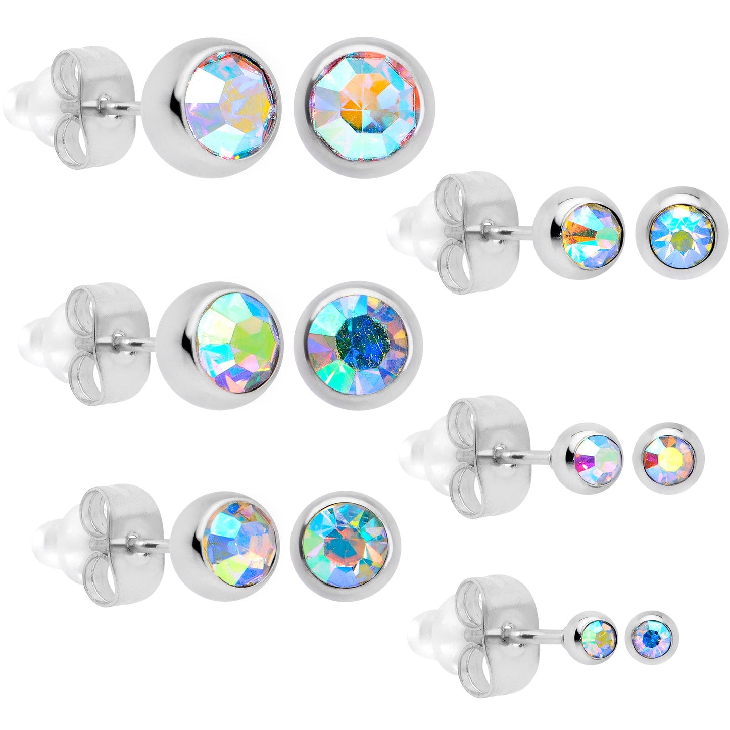 Aurora Gem 3mm to 8mm Ball End Stud Earrings Set of 6
