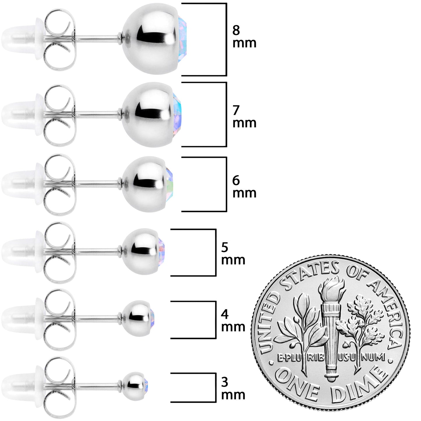 Aurora Gem 3mm to 8mm Ball End Stud Earrings Set of 6