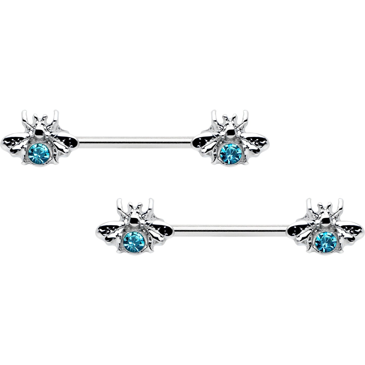 14G 9/16 Blue Gem Bee Beautiful Insect Barbell Nipple Ring Set