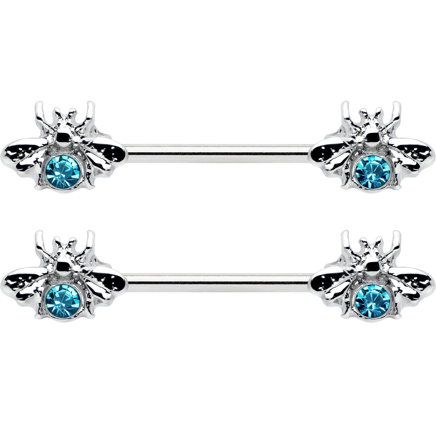 14G 9/16 Blue Gem Bee Beautiful Insect Barbell Nipple Ring Set