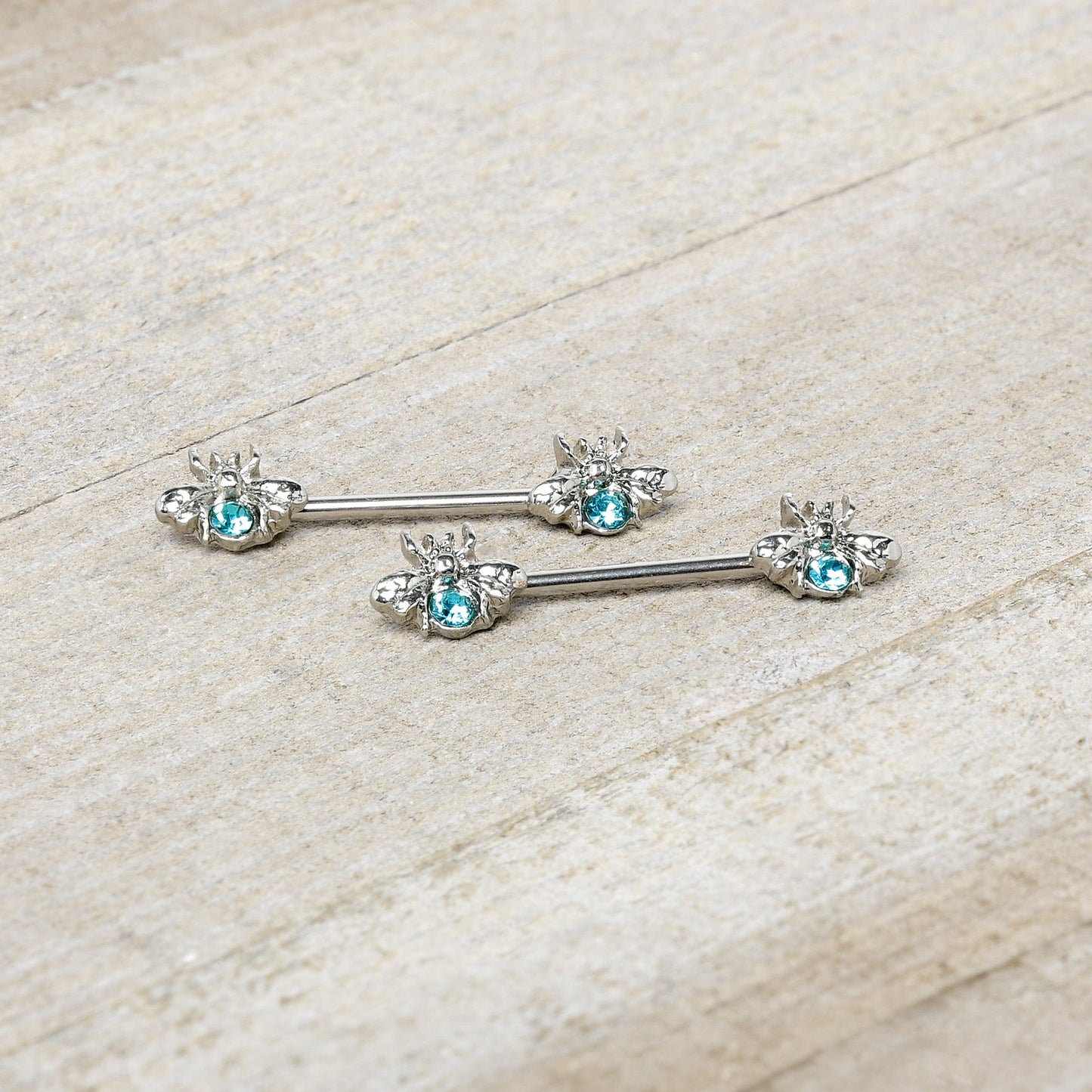 14G 9/16 Blue Gem Bee Beautiful Insect Barbell Nipple Ring Set