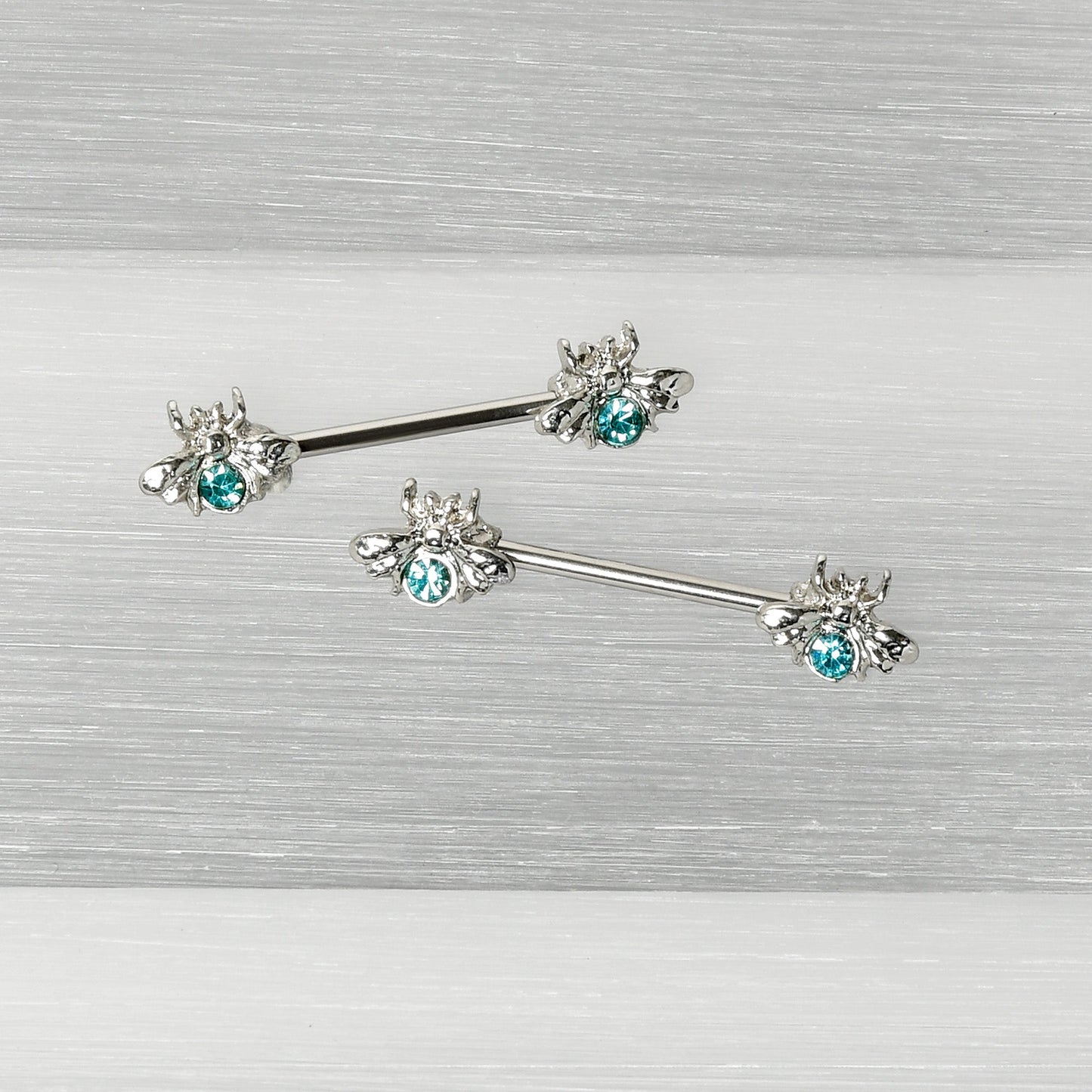 14G 9/16 Blue Gem Bee Beautiful Insect Barbell Nipple Ring Set