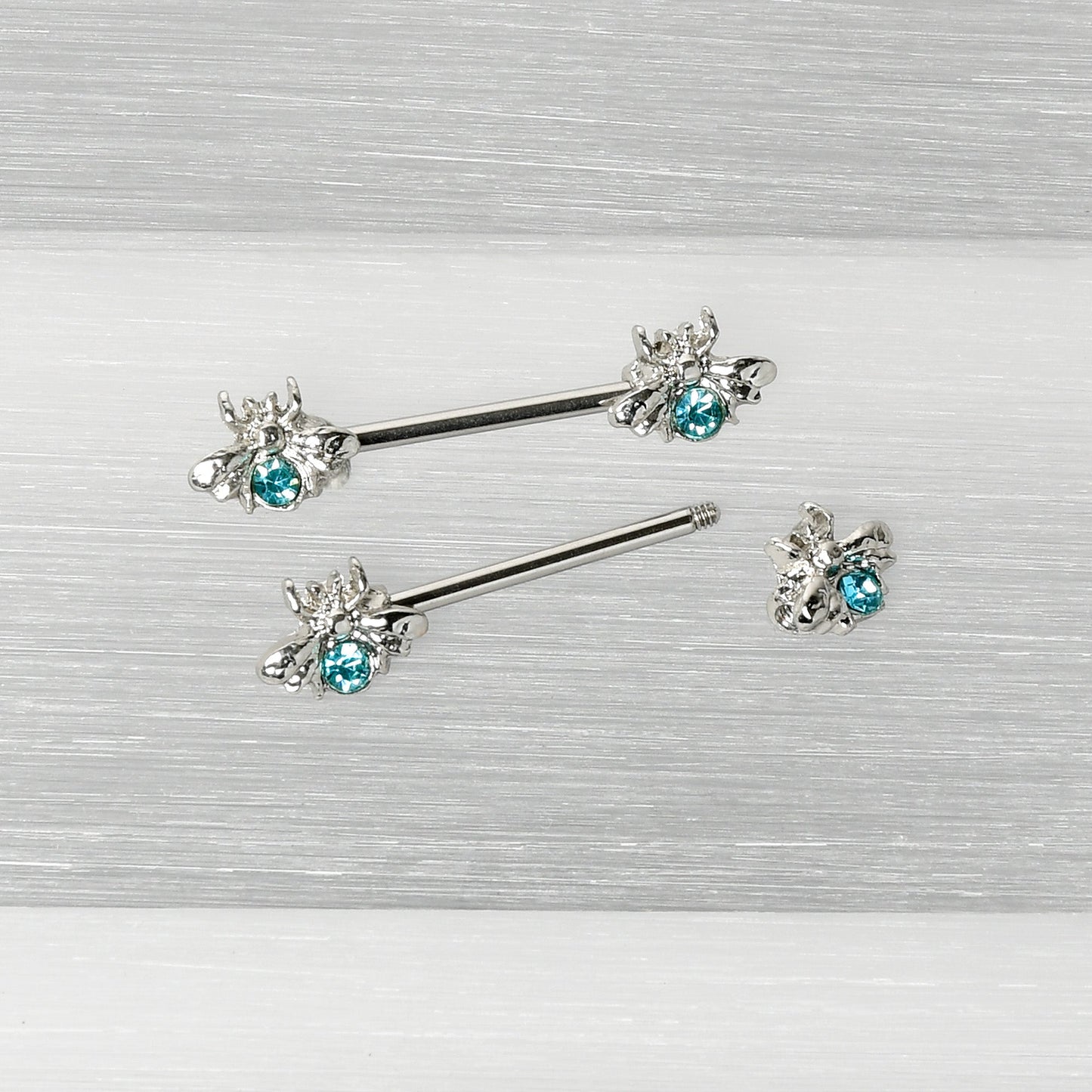 14G 9/16 Blue Gem Bee Beautiful Insect Barbell Nipple Ring Set