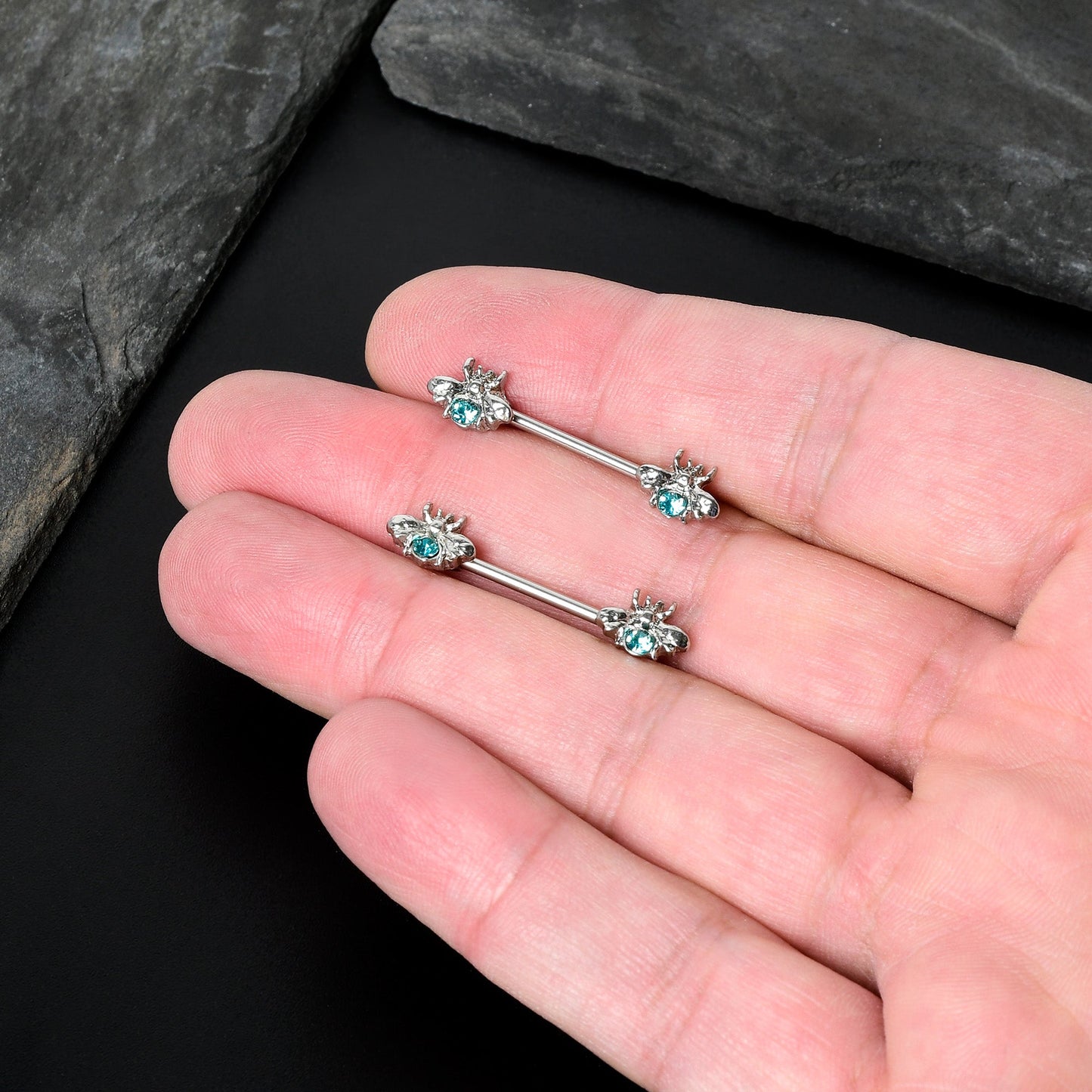 14G 9/16 Blue Gem Bee Beautiful Insect Barbell Nipple Ring Set