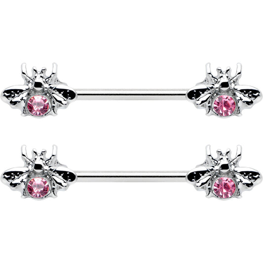 14G 9/16 Pink Gem Bee Beautiful Insect Barbell Nipple Ring Set