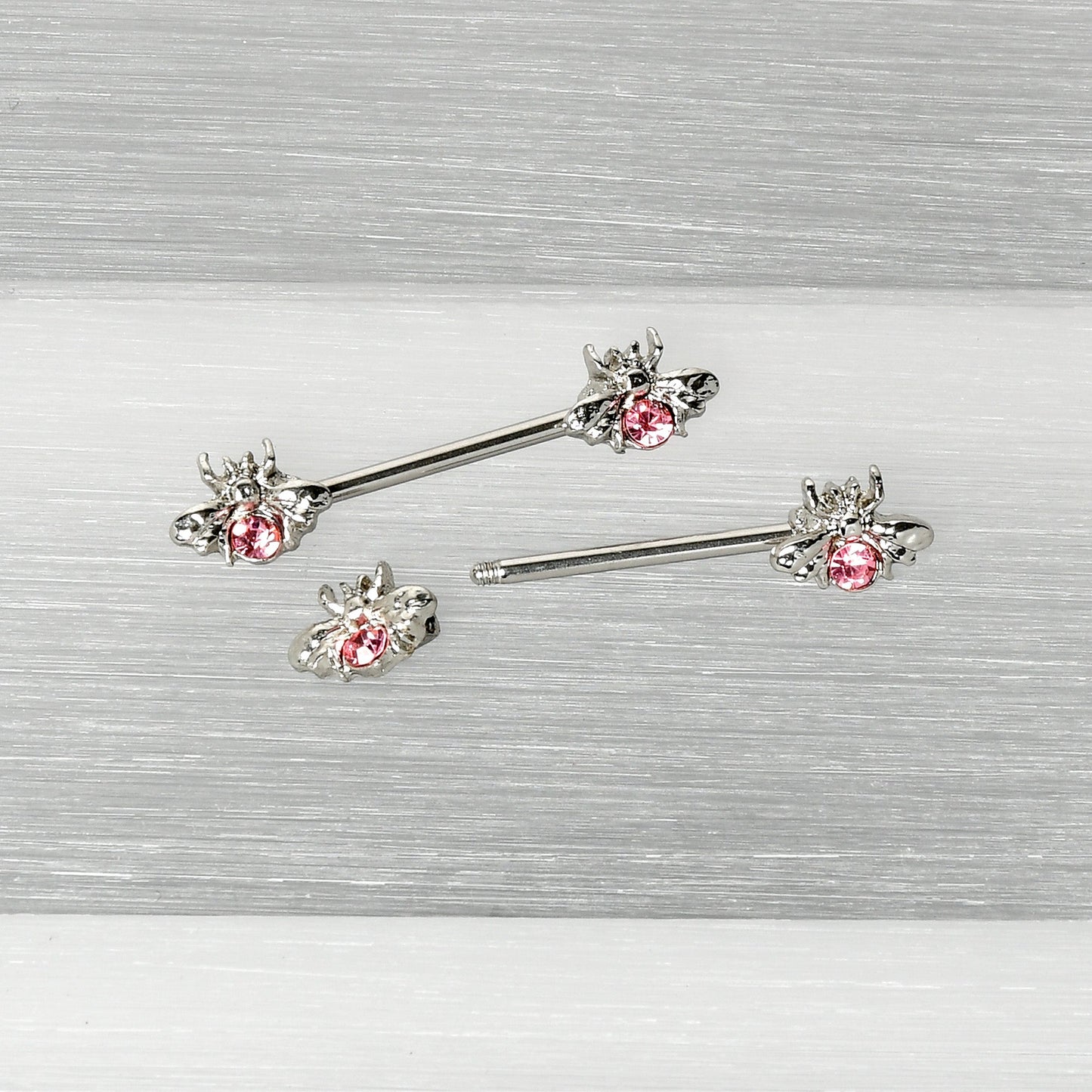 14G 9/16 Pink Gem Bee Beautiful Insect Barbell Nipple Ring Set