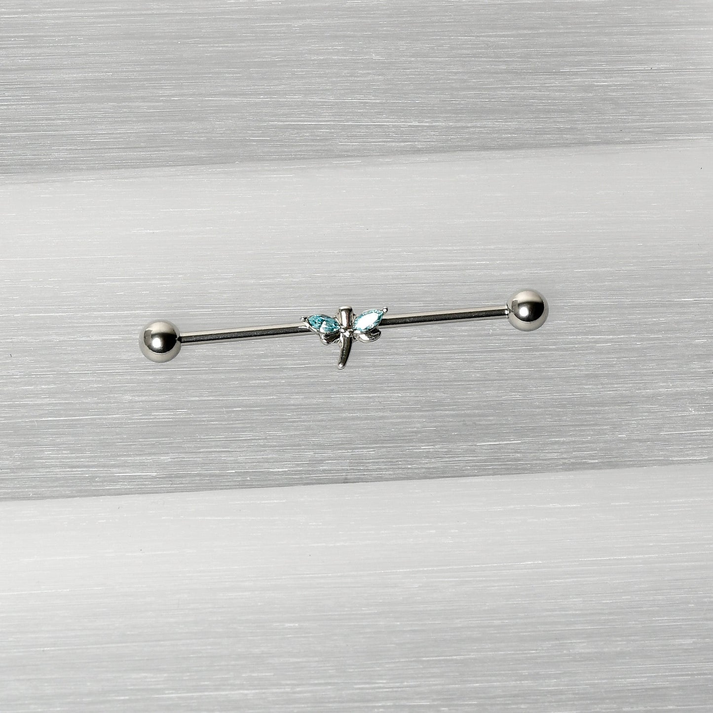 14G Blue Gem Simple Stylized Dragonfly Industrial Barbell 38mm
