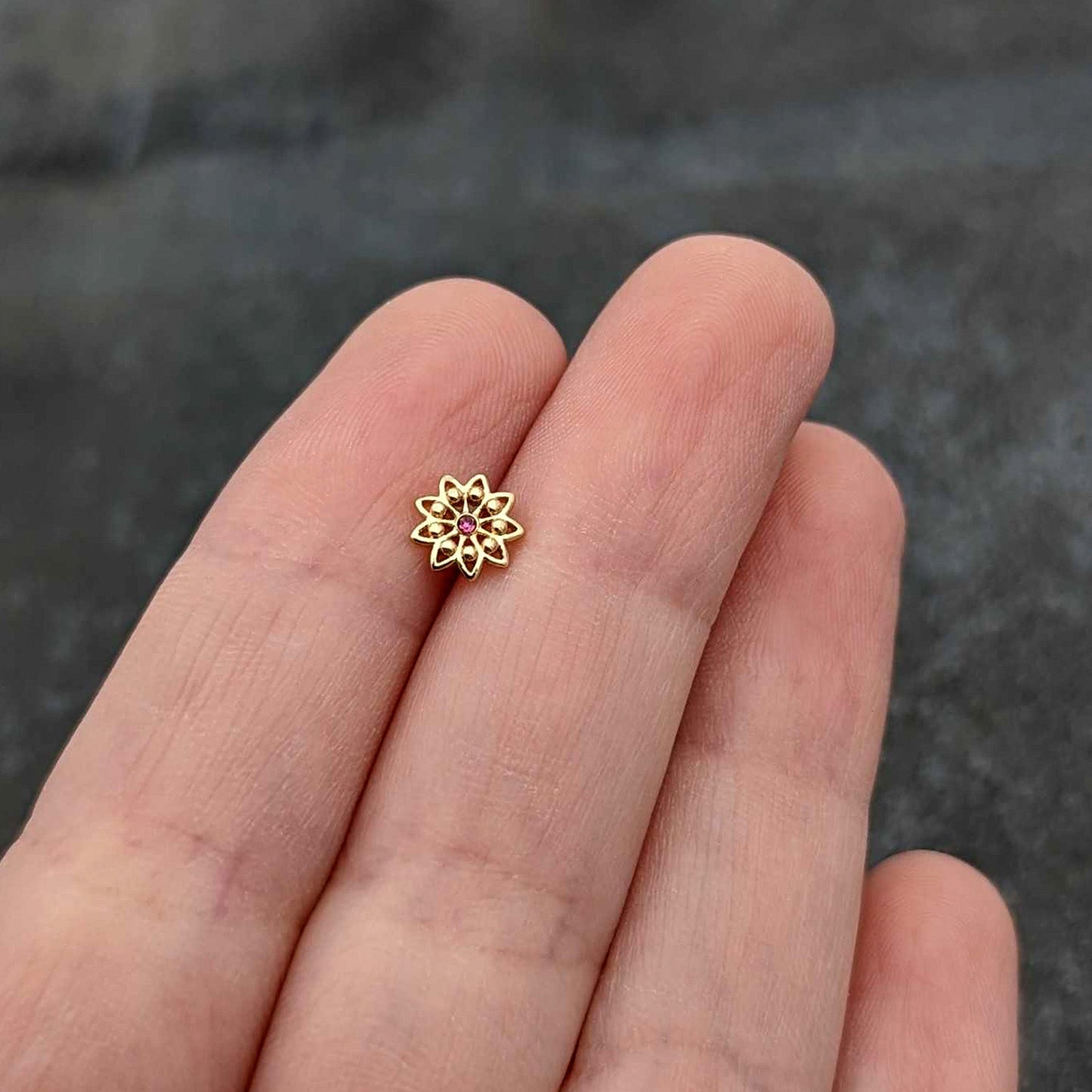 16G 5/16 Pink Gem Gold Tone Starry Flower Labret Monroe Tragus