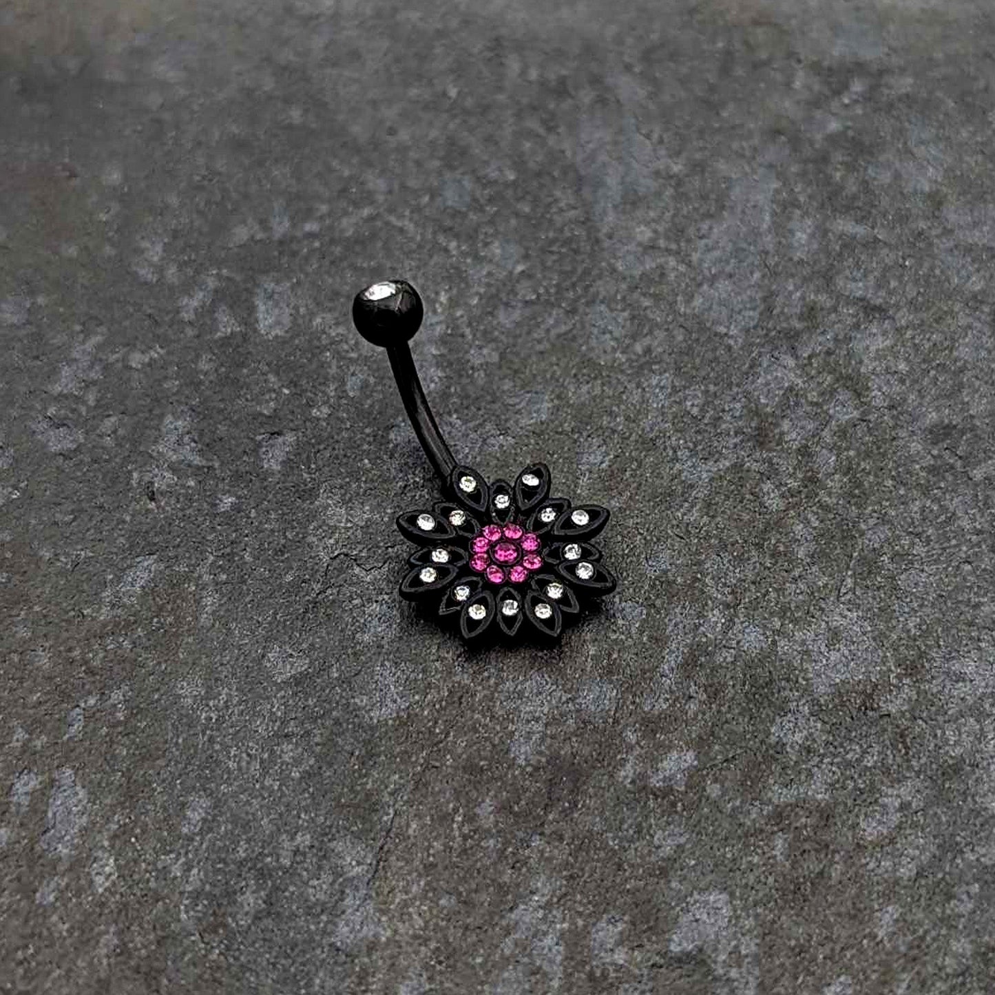 Clear Pink Gem Black Midnight Flower Blooming Belly Ring