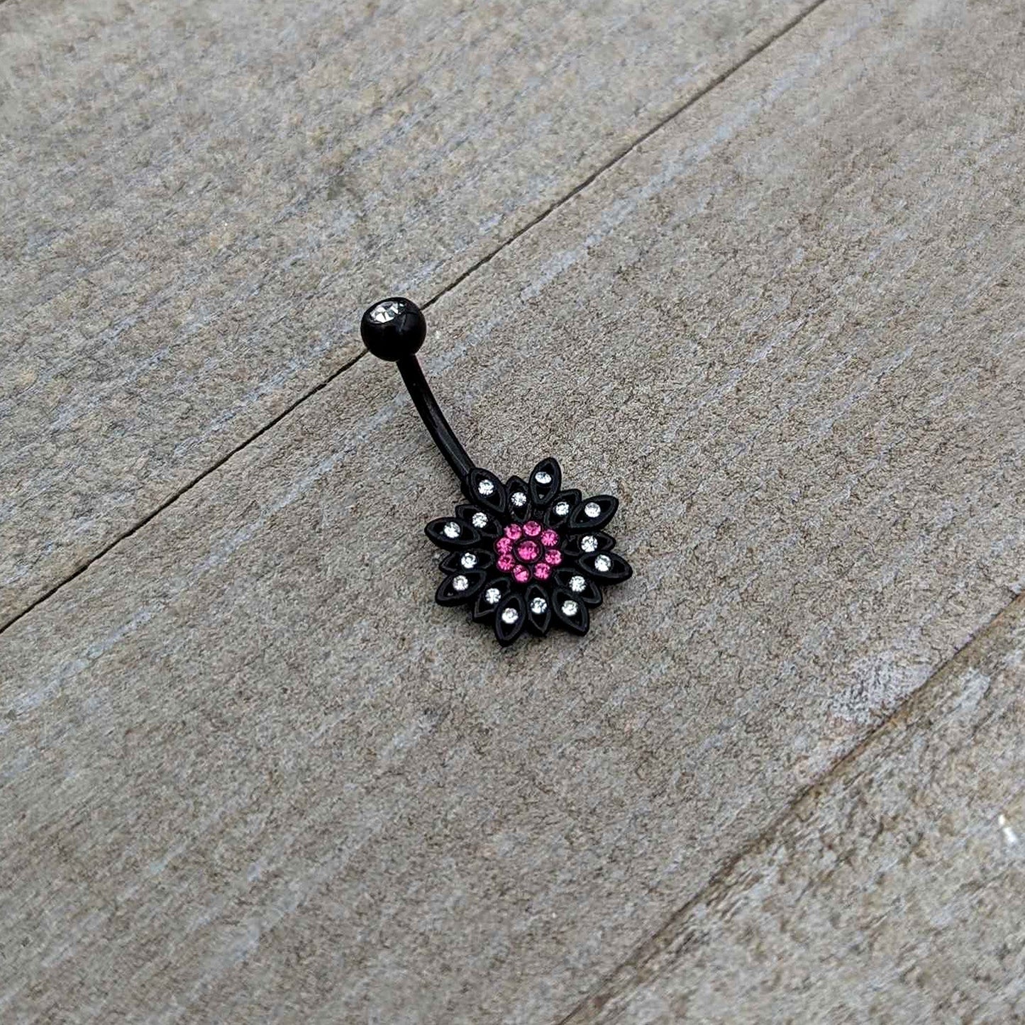 Clear Pink Gem Black Midnight Flower Blooming Belly Ring