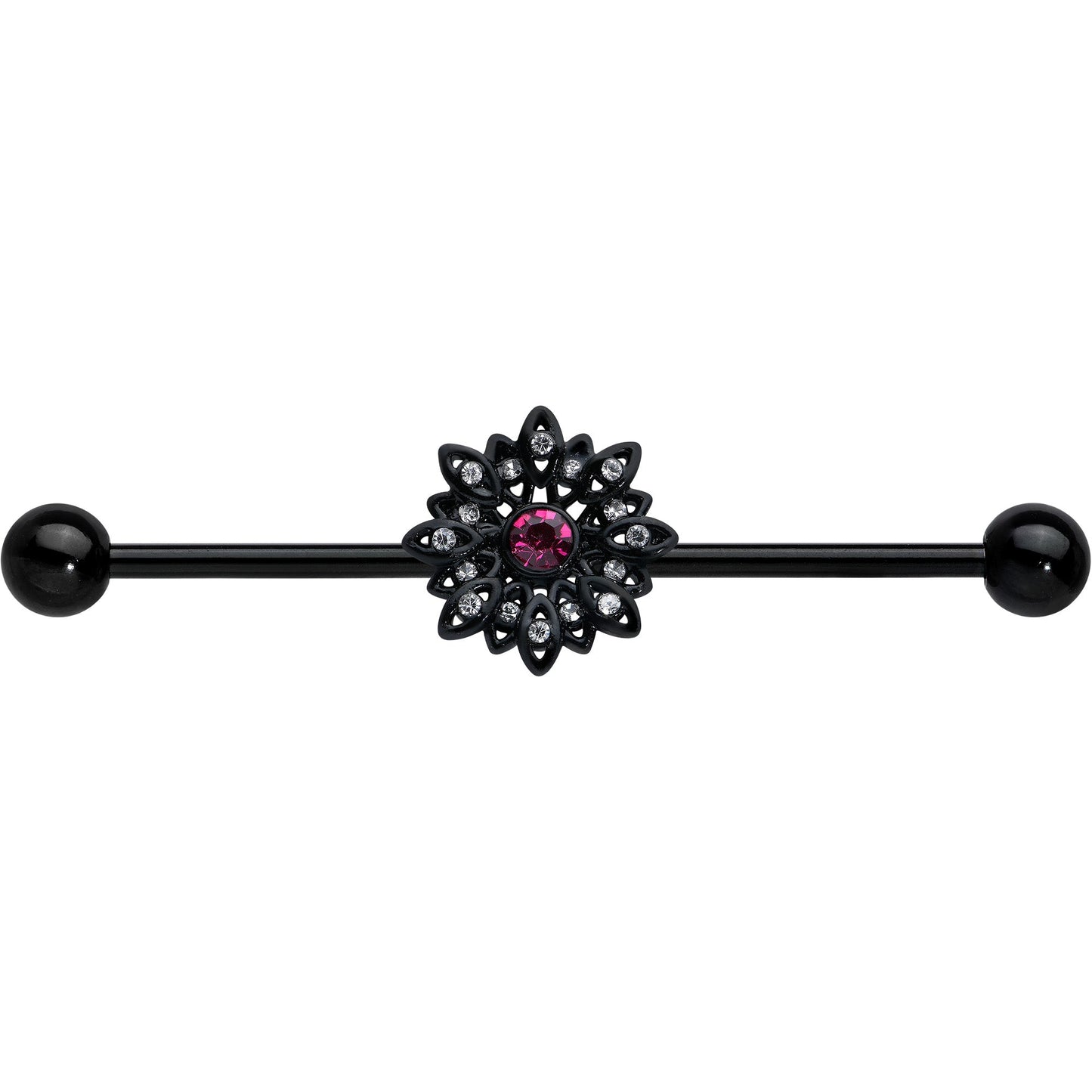 14G Clear Pink Gem Black Midnight Flower Industrial Barbell 38mm