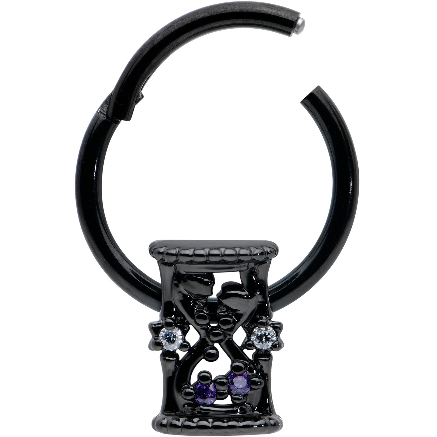 16G 3/8 Purple Gem Black Heart Goth Hourglass Hinged Segment Ring