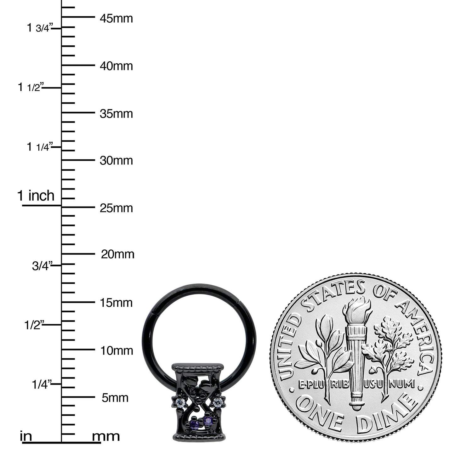 16G 3/8 Purple Gem Black Heart Goth Hourglass Hinged Segment Ring