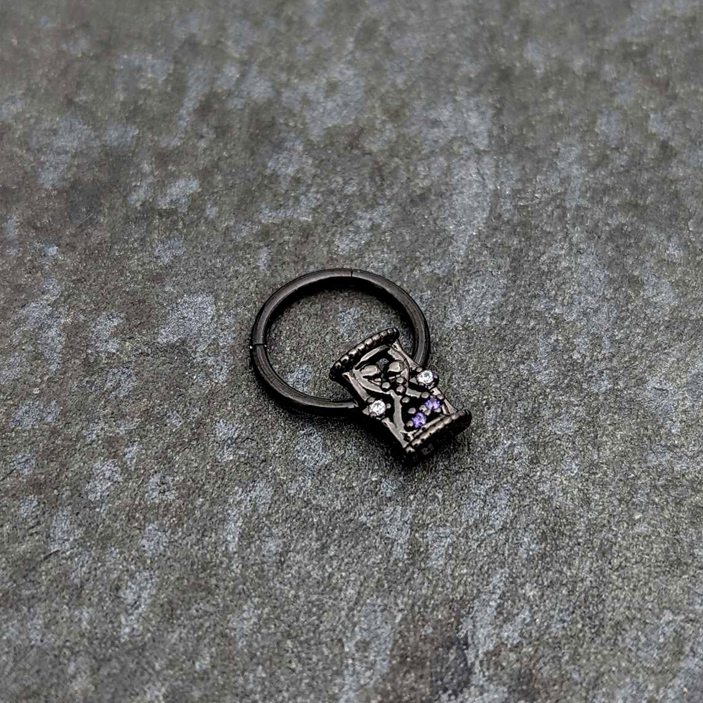 16G 3/8 Purple Gem Black Heart Goth Hourglass Hinged Segment Ring