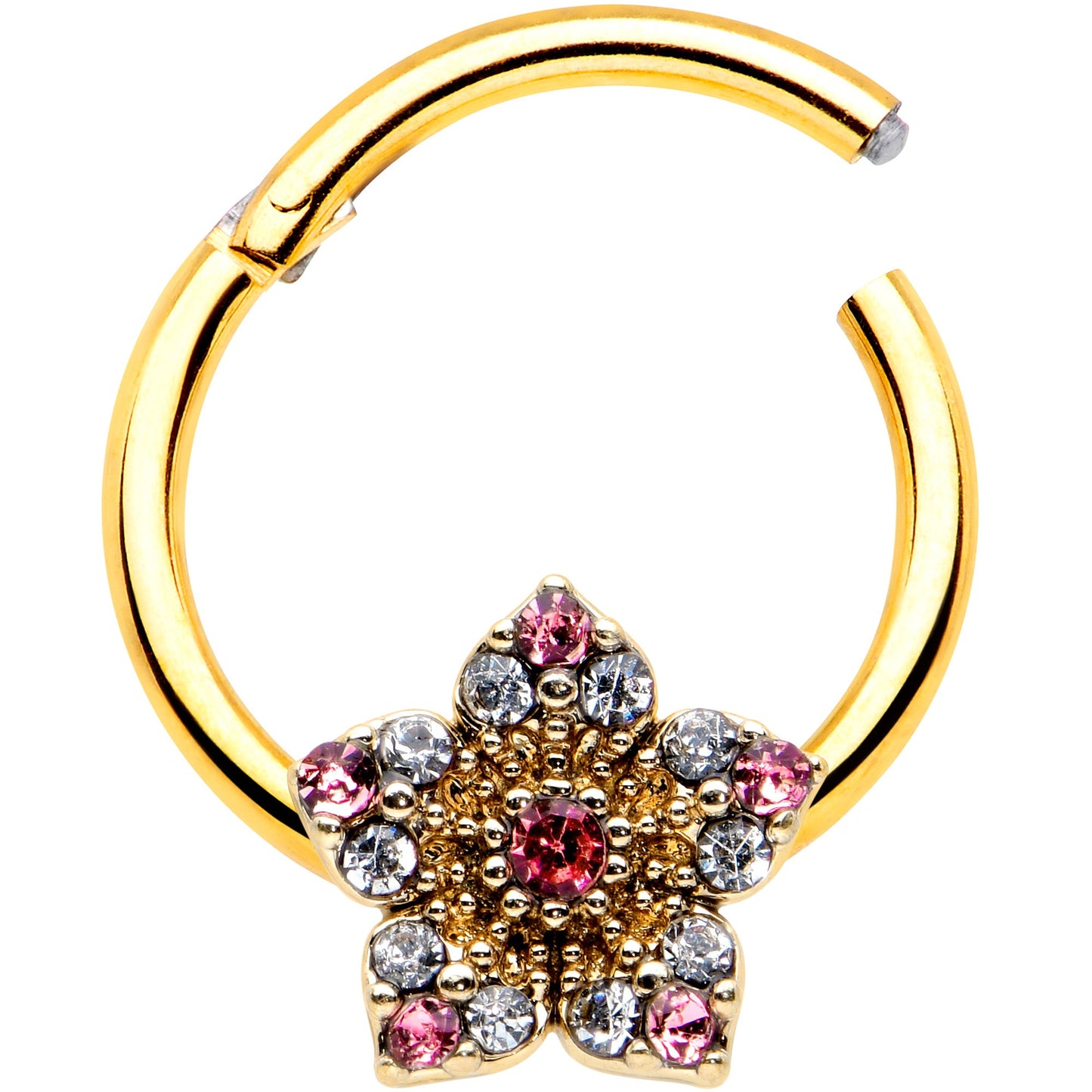 16G 3/8 Pink Clear Gem Gold Tone Texture Star Hinged Segment Ring