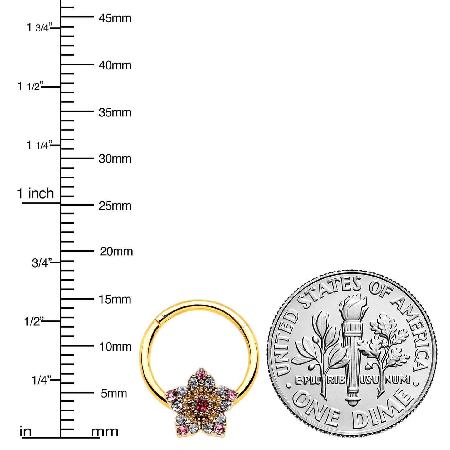 16G 3/8 Pink Clear Gem Gold Tone Texture Star Hinged Segment Ring