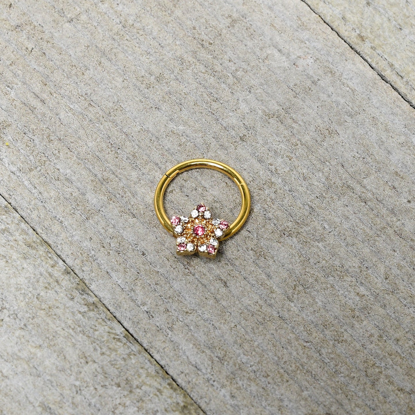 16G 3/8 Pink Clear Gem Gold Tone Texture Star Hinged Segment Ring