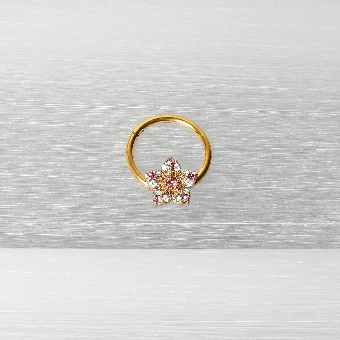 16G 3/8 Pink Clear Gem Gold Tone Texture Star Hinged Segment Ring