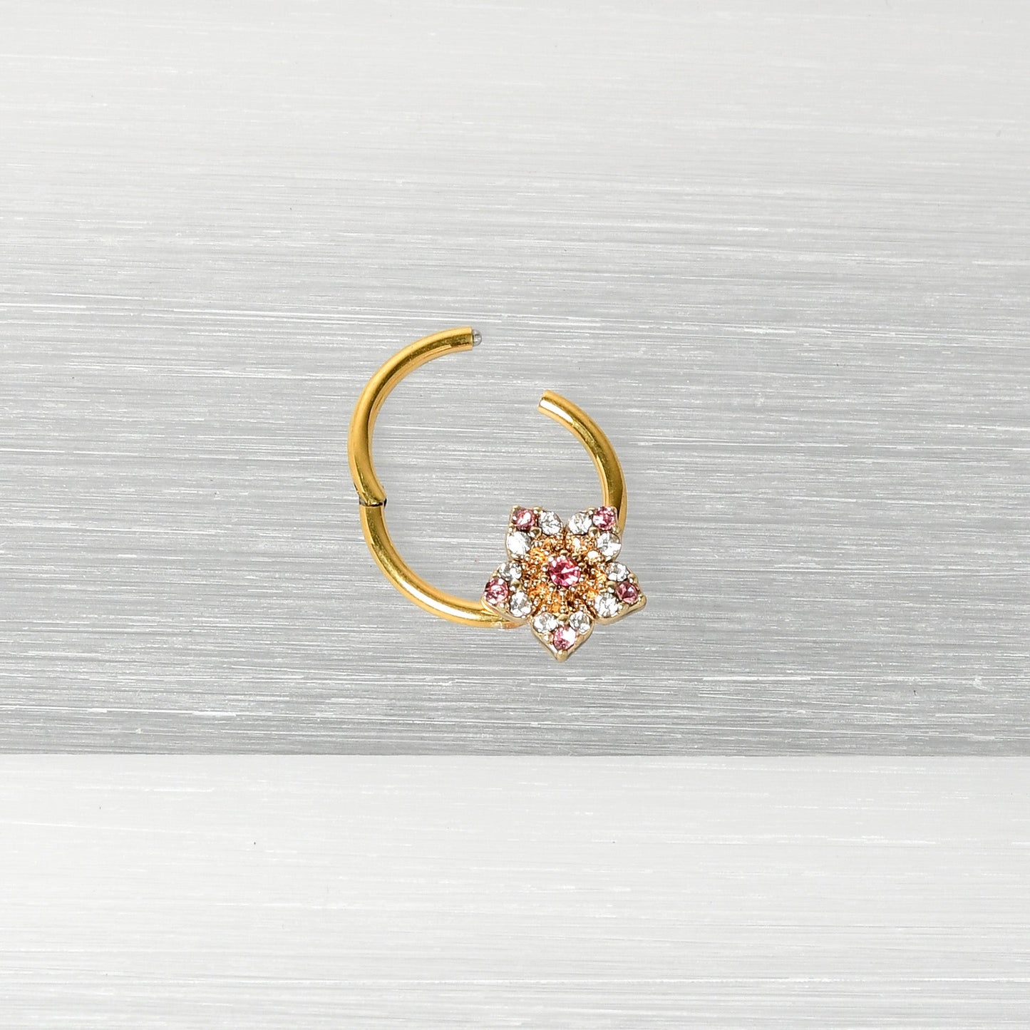 16G 3/8 Pink Clear Gem Gold Tone Texture Star Hinged Segment Ring