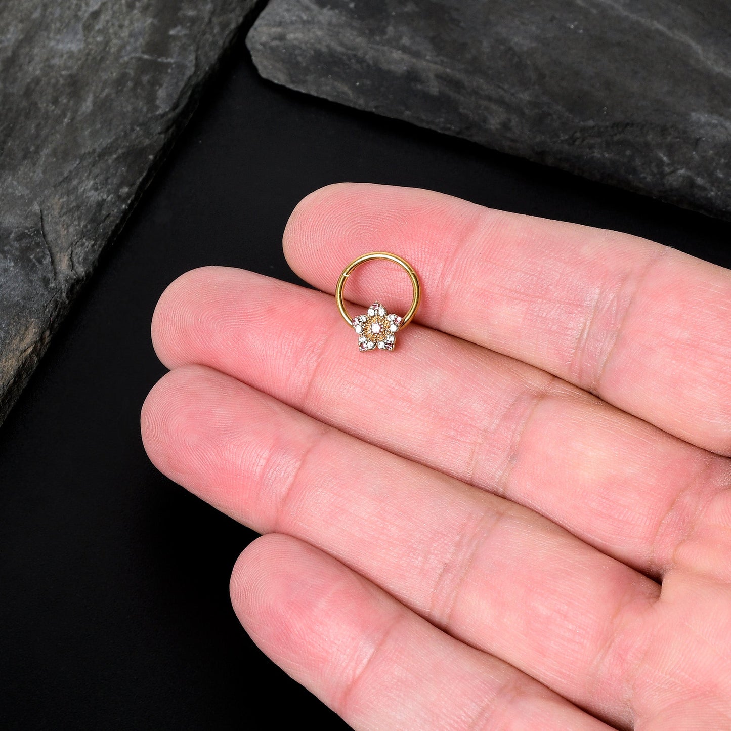 16G 3/8 Pink Clear Gem Gold Tone Texture Star Hinged Segment Ring