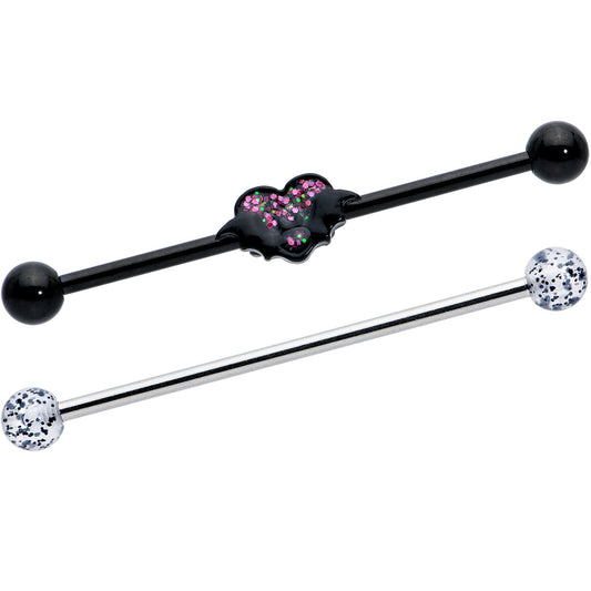 14G Black Bat Heart Halloween Clear Industrial Barbell 38mm Set of 2