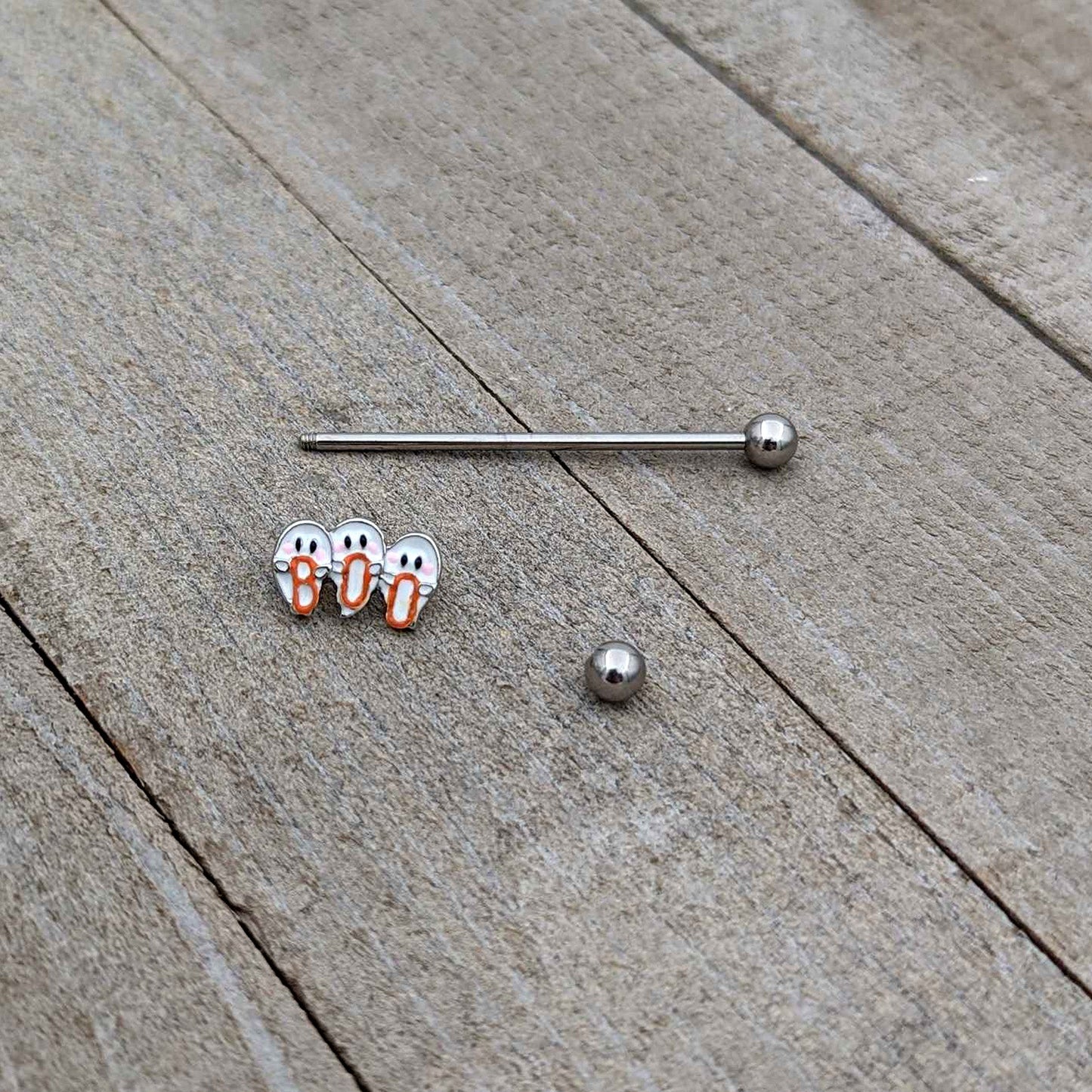 14G Retro Halloween Boo Ghost Trio Industrial Barbell 38mm