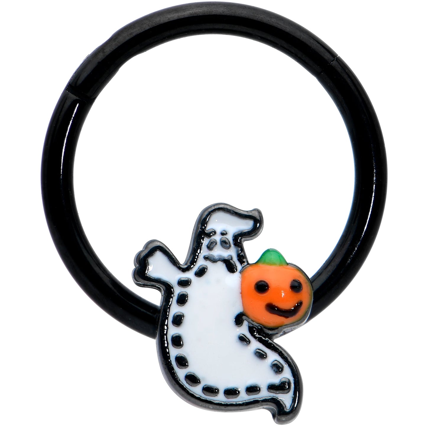 16G 3/8 Black Halloween Pumpkin Ghost Hinged Segment Ring