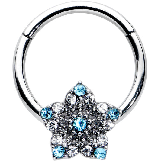16G 3/8 Blue Clear Gem Opulent Flower Hinged Segment Ring