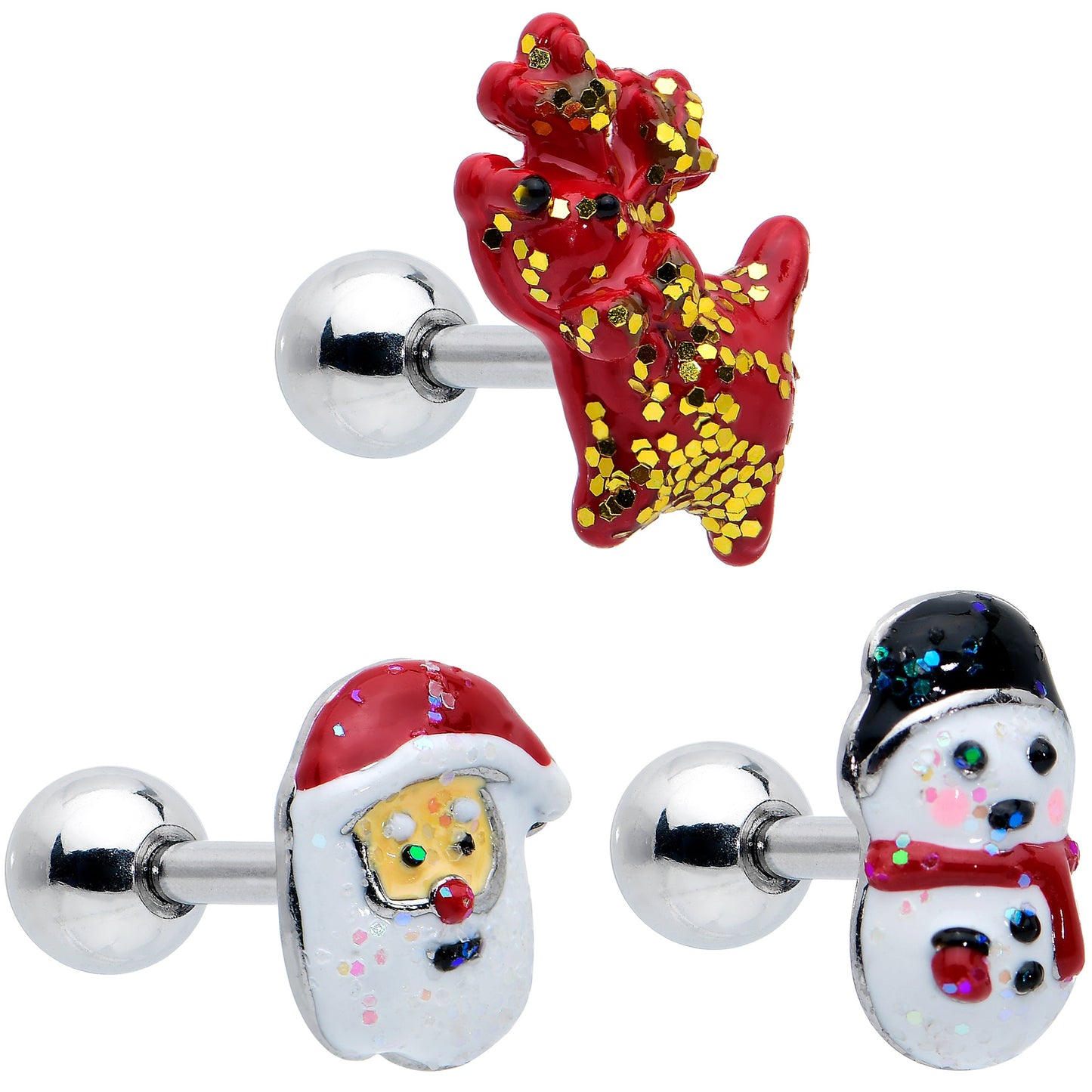 16G 1/4 Reindeer Snowman Christmas Cartilage Earring Set of 3