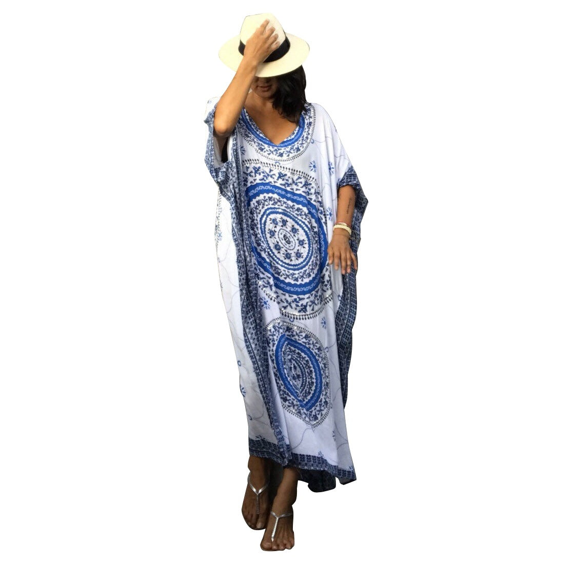 Rayon Positioning Floral Loose Long Beach Cover-up Robe Dress Vacation Clothes