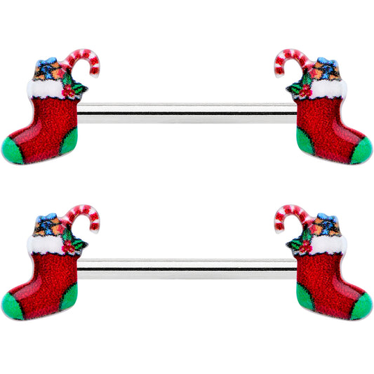 14G 9/16 Cheery Christmas Stocking Red Barbell Nipple Ring Set