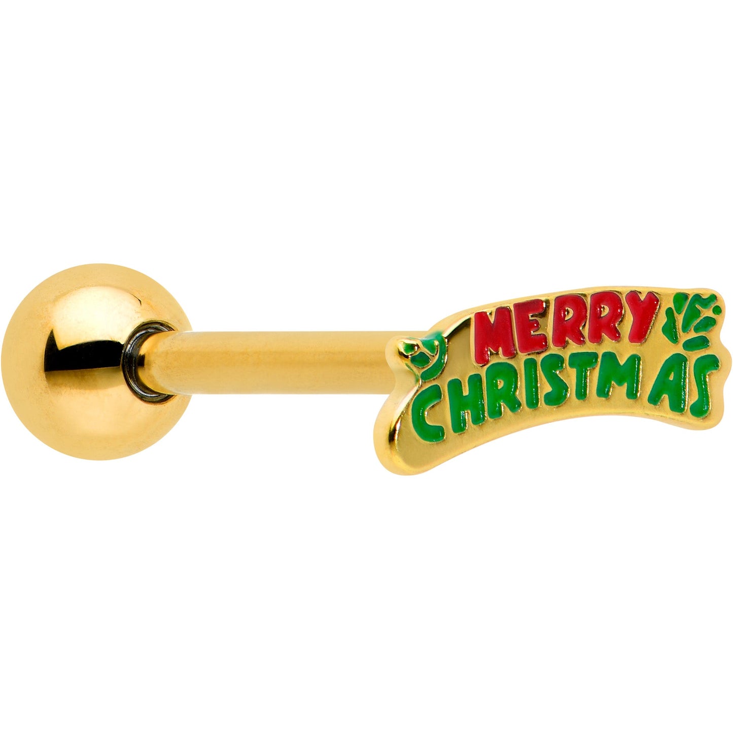 Gold Tone Merry Christmas Inlaid Red Green Barbell Tongue Ring