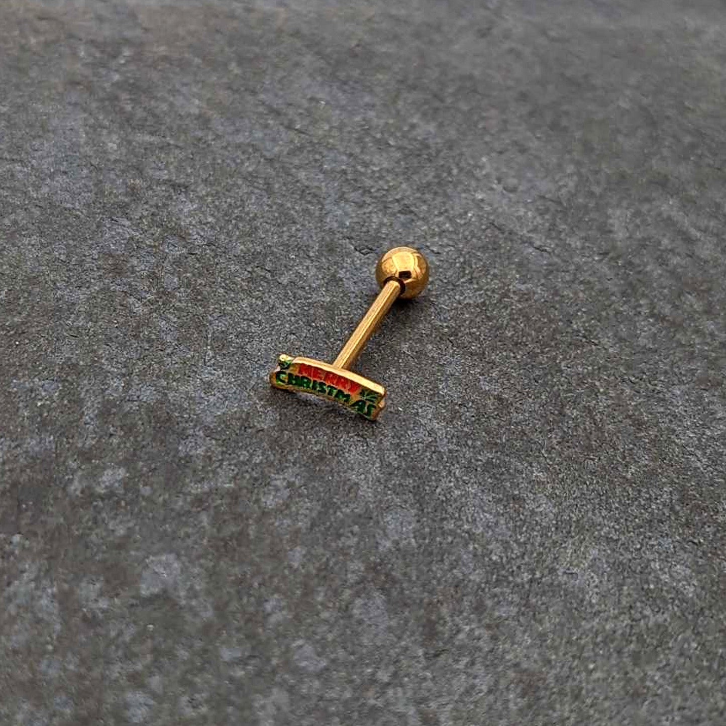Gold Tone Merry Christmas Inlaid Red Green Barbell Tongue Ring
