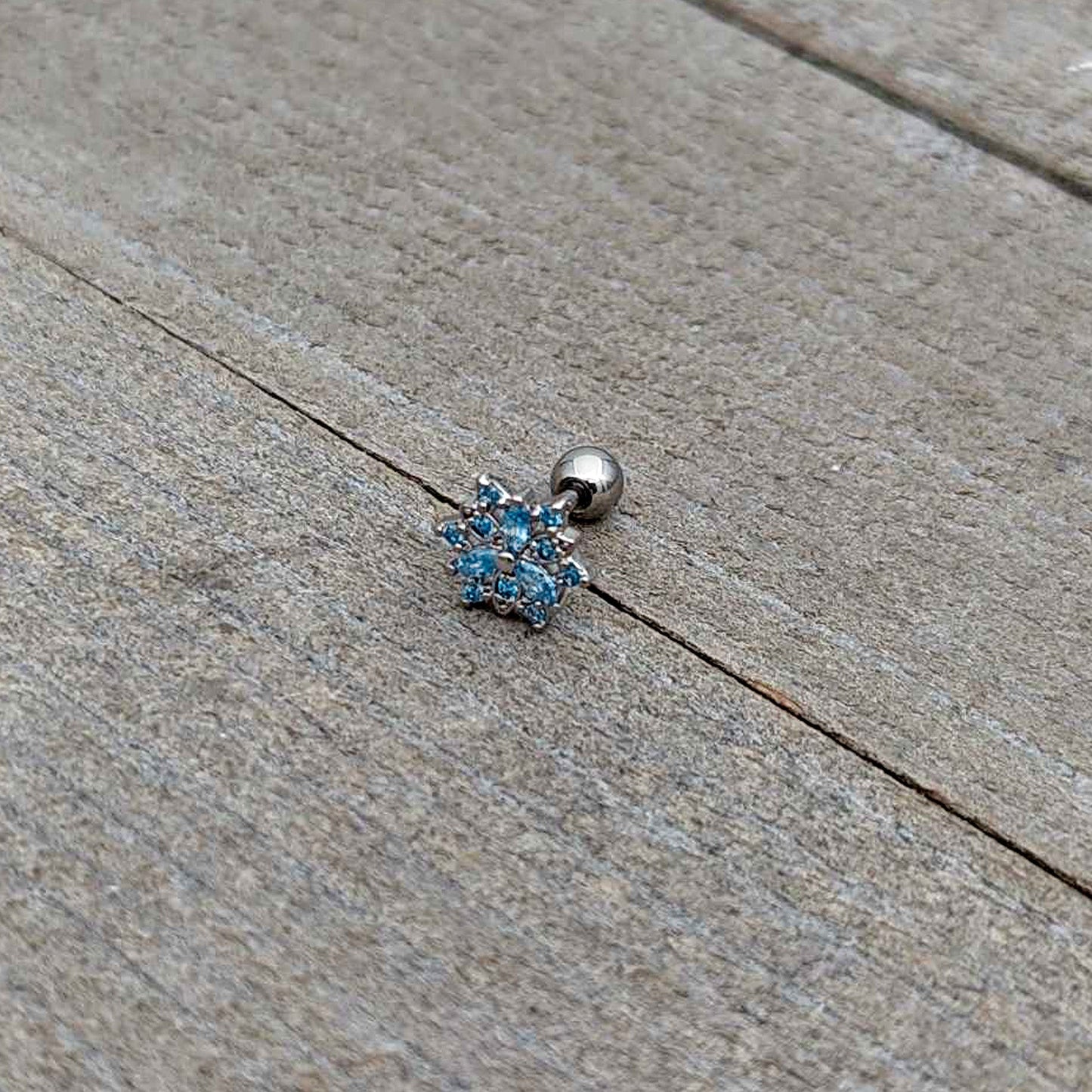 16G 1/4 Blue CZ Gem Snowflake Blues Cartilage Tragus Earring