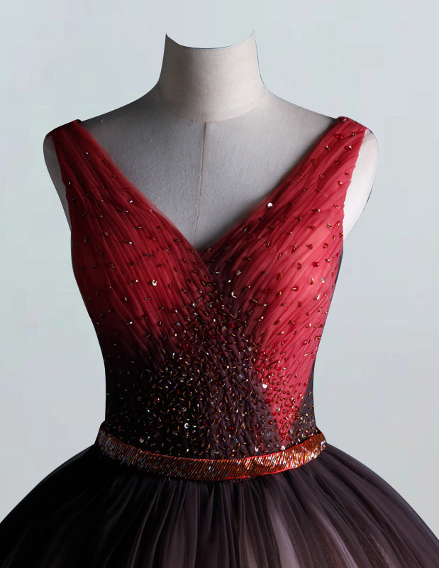 Elegant Red Tulle V-Neck Ball Gown | Beaded Floor-Length Evening Dress