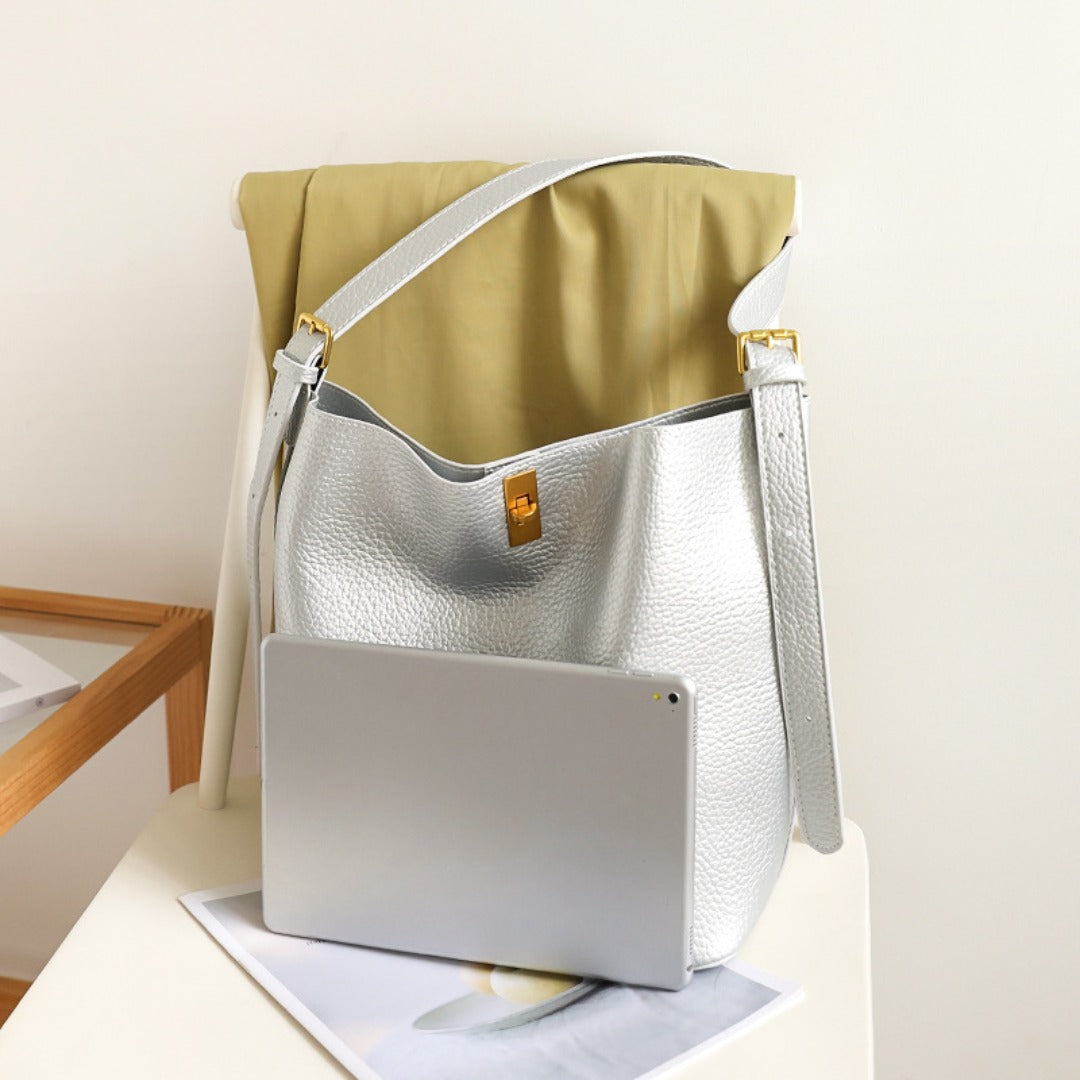 Large Capacity Versatile Bucket Bag for Female - Retro Texture Soft PU Crossbody Hobo Bag with Lock, 2 in 1 Casual Style