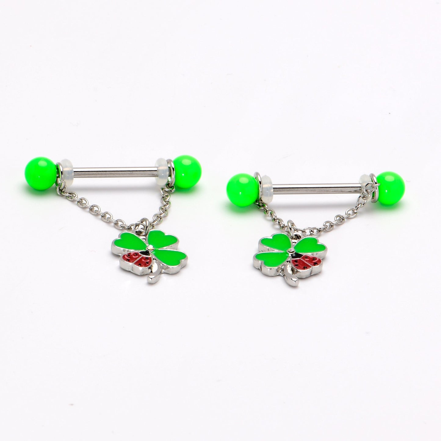 14G 11/16 Ladybug Shamrock UV Glow Chain Dangle Nipple Ring Set