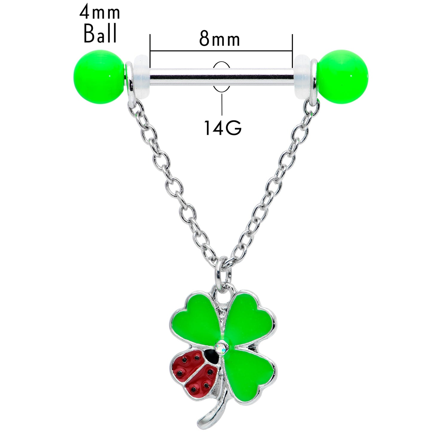 14G 11/16 Ladybug Shamrock UV Glow Chain Dangle Nipple Ring Set