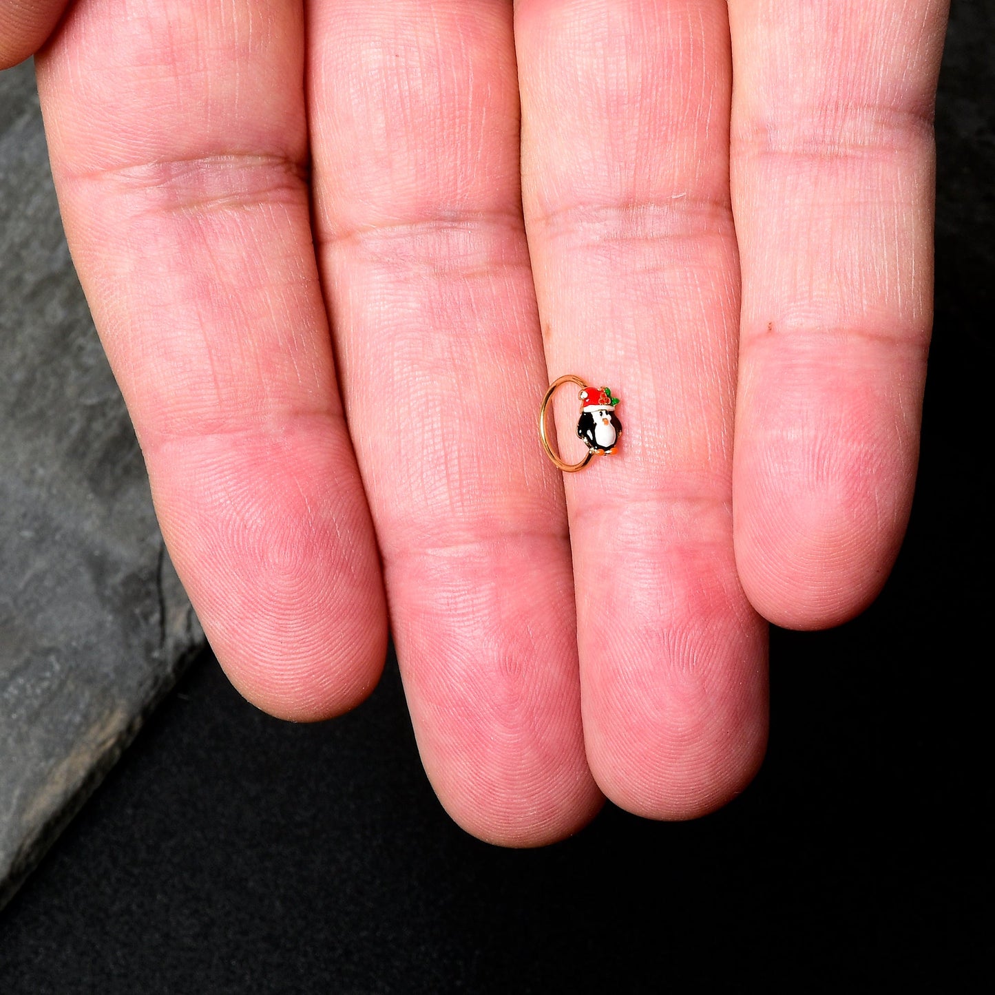 20G 5/16 Gold Tone Holly Hat Penguin Holiday Nose Hoop