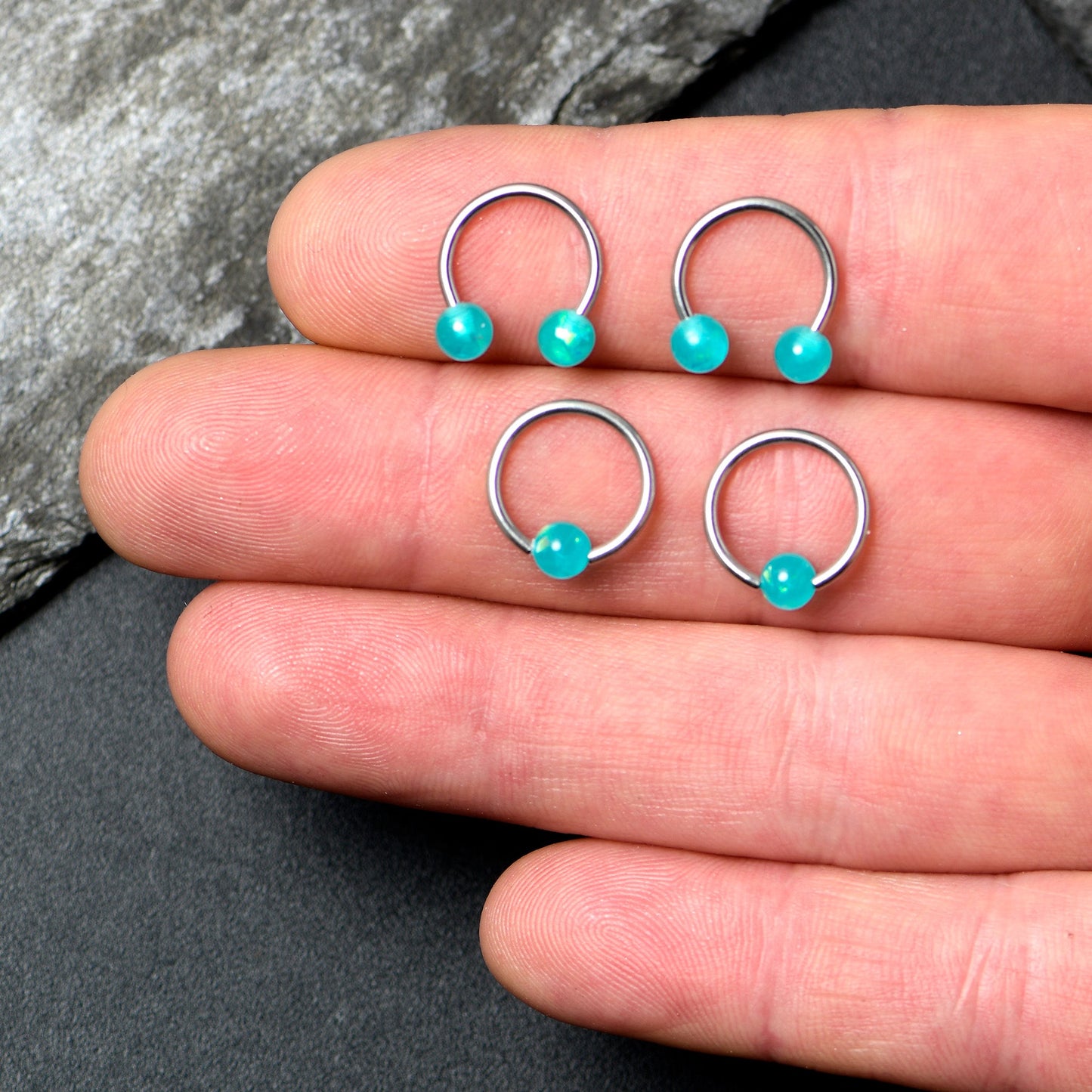 16G 3/8 Teal Faux Opal Horseshoe BCR Captive Ring Set of 4