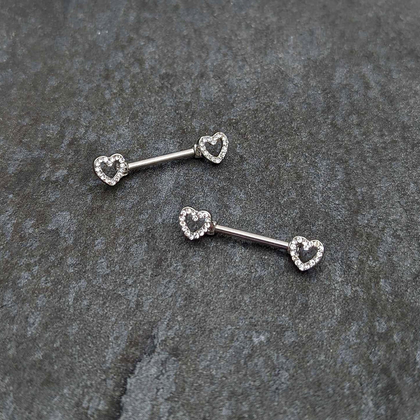 14G 9/16 Clear Gem Open Heart Valentine Barbell Nipple Ring Set