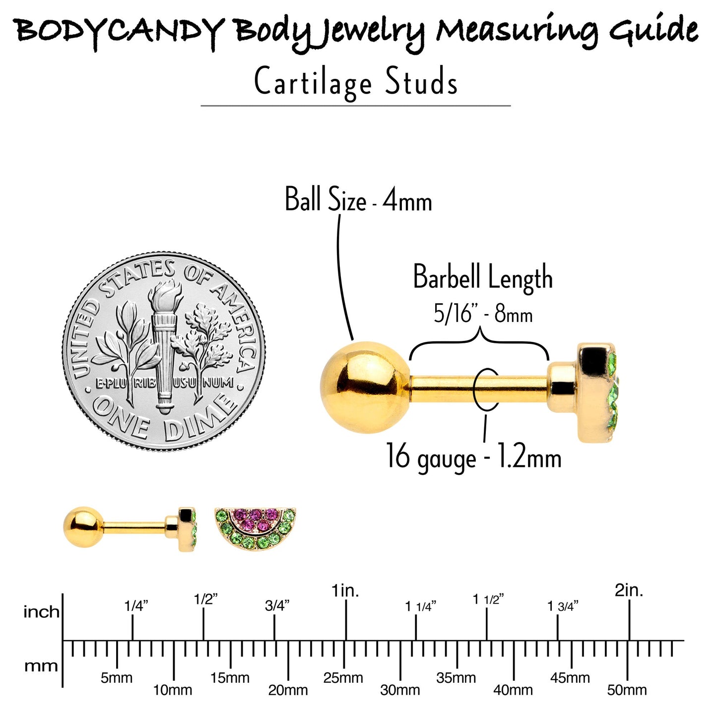 16G 1/4 Pink Gem Gold Hue Watermelon Yum Cartilage Tragus Earring