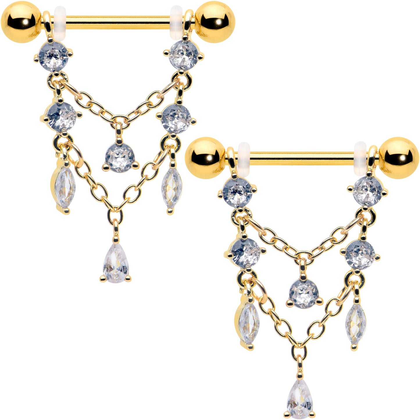 14G  9/16 Clear Gem Gold Tone Double Chain Dangle Nipple Ring Set