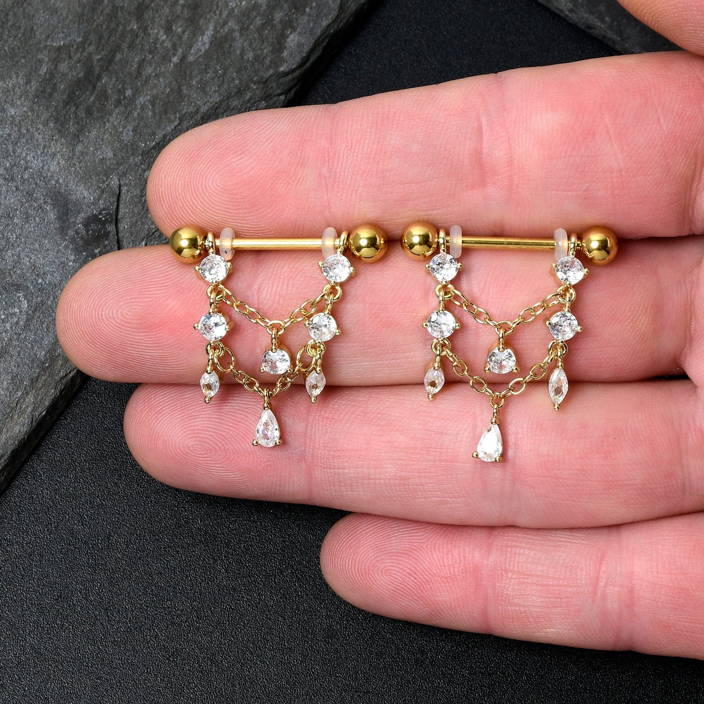 14G  9/16 Clear Gem Gold Tone Double Chain Dangle Nipple Ring Set