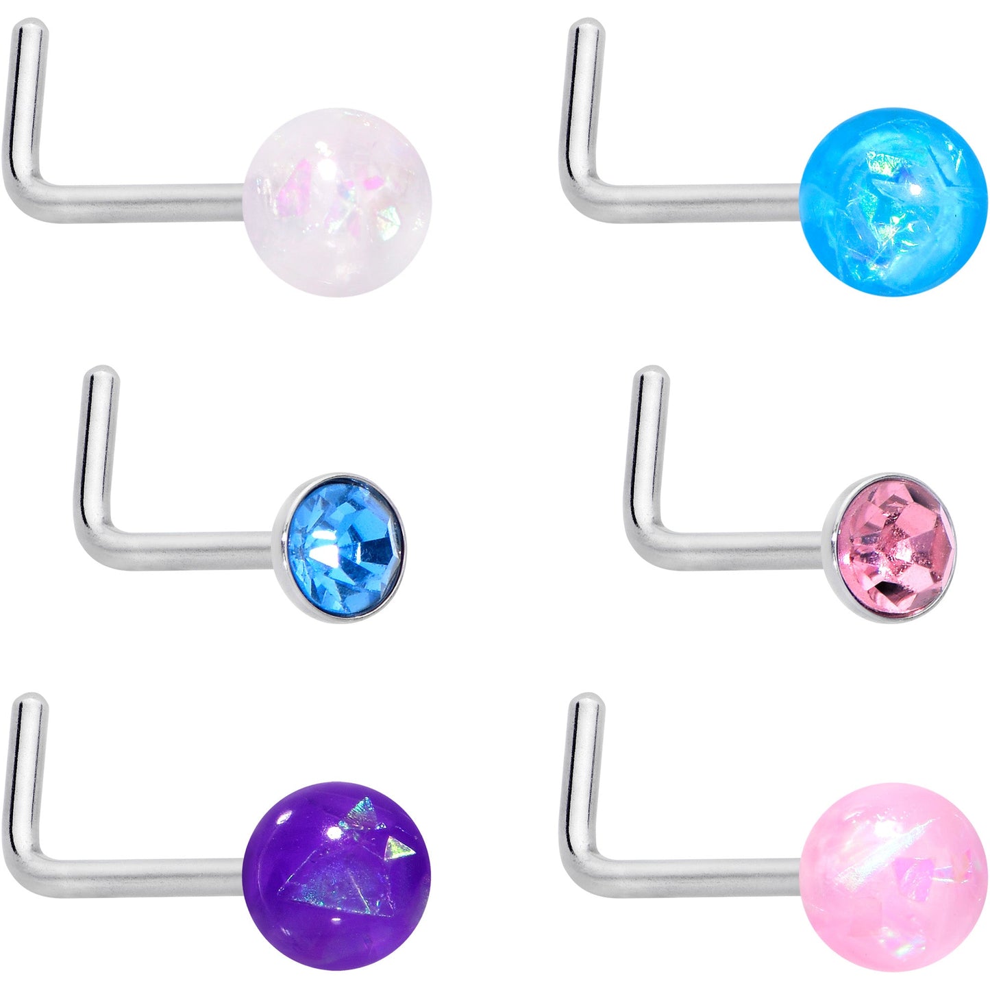 20G 1/4 Pink Gem Purple Pink Faux Opal Pack L Shape Nose Ring Set of 6